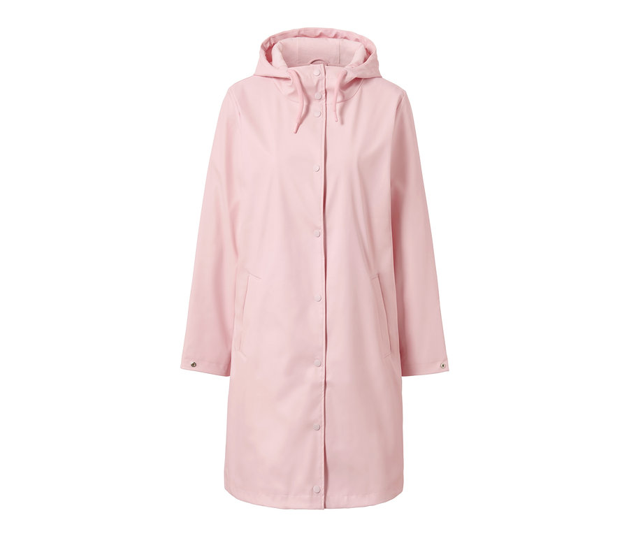 Růžová parka do deště s kapucí a zapínáním na knoflíky.
