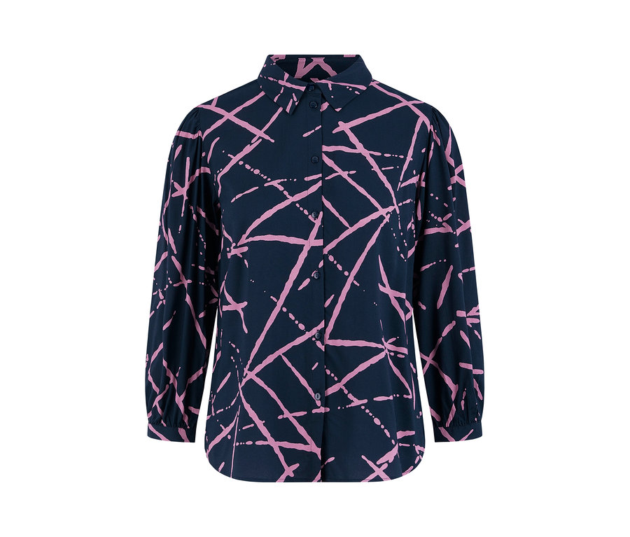Tmavě modrá košilová halenka s růžovým geometrickým vzorem.