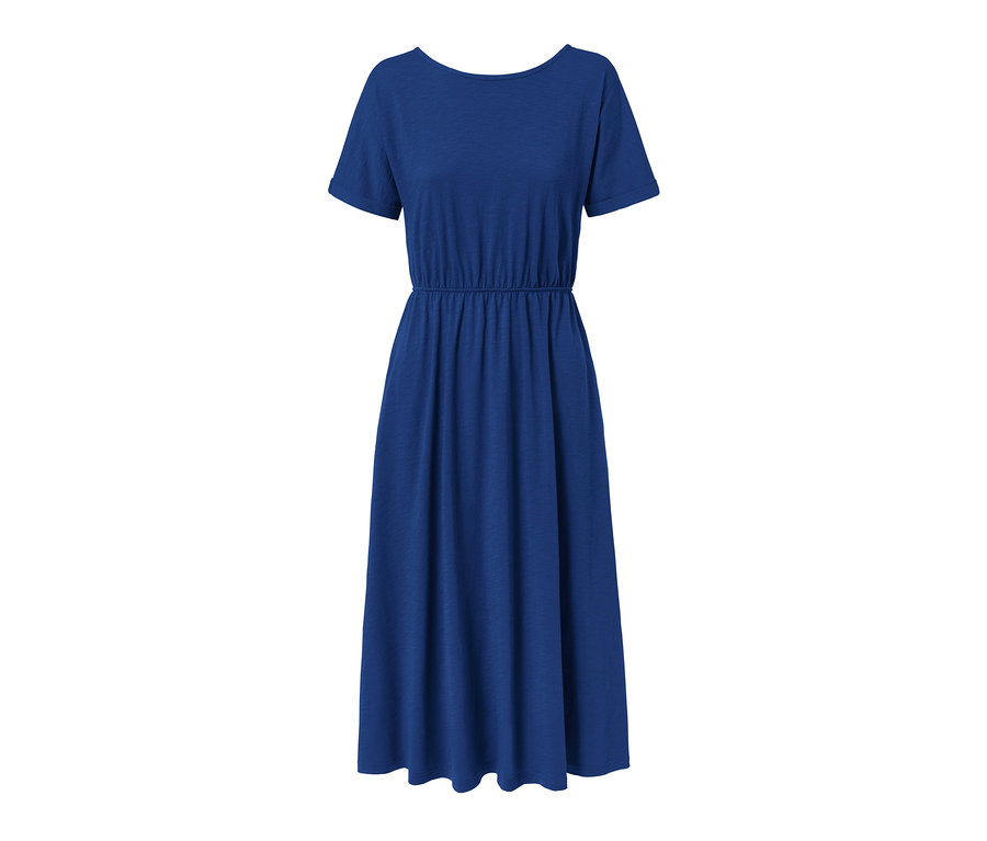 Modré žerzejové šaty s výstřihem na zádech.