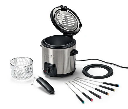 Otevřená mini fritéza a fondue sada se šesti vidličkami, košem a černým podstavcem.