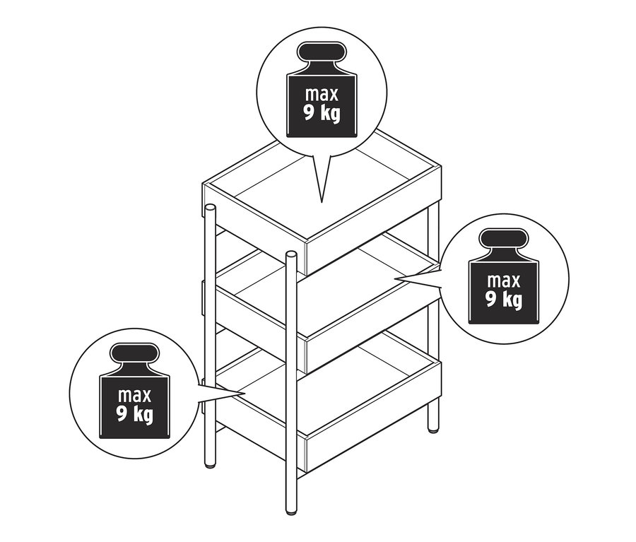 Nákres stojacího regálu se 3 přihrádkami a nosností 9 kg na polici.