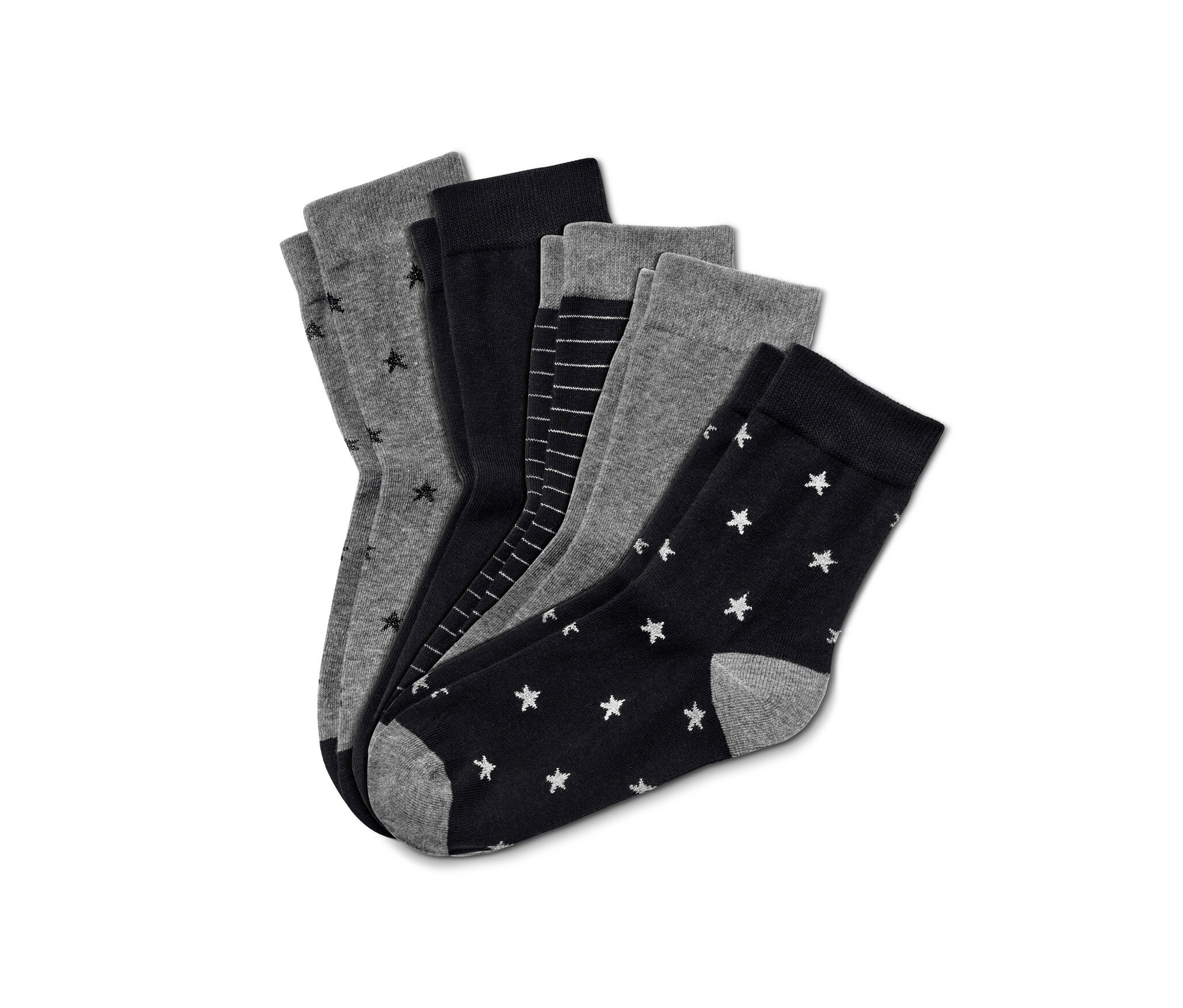 Pět párů ponožek různých barev a vzorů.