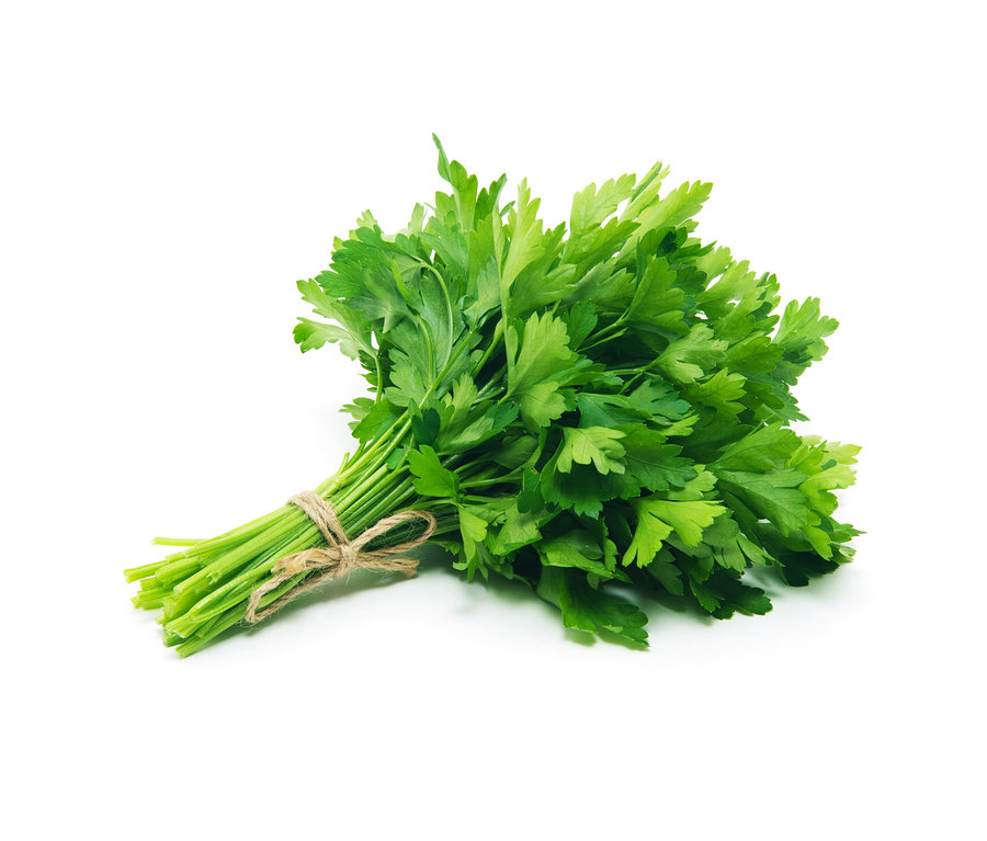 Svázek zelené petrželky Klasické bylinky, 8 druhů, svázaný motouzem, leží na bílém pozadí.