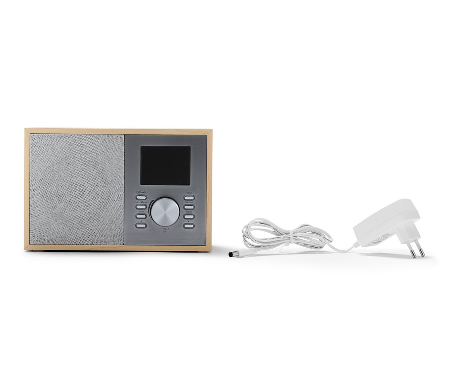 Digitální rádio DAB+/FM s Bluetooth® v dřevěném rámu a s napájecím adaptérem.