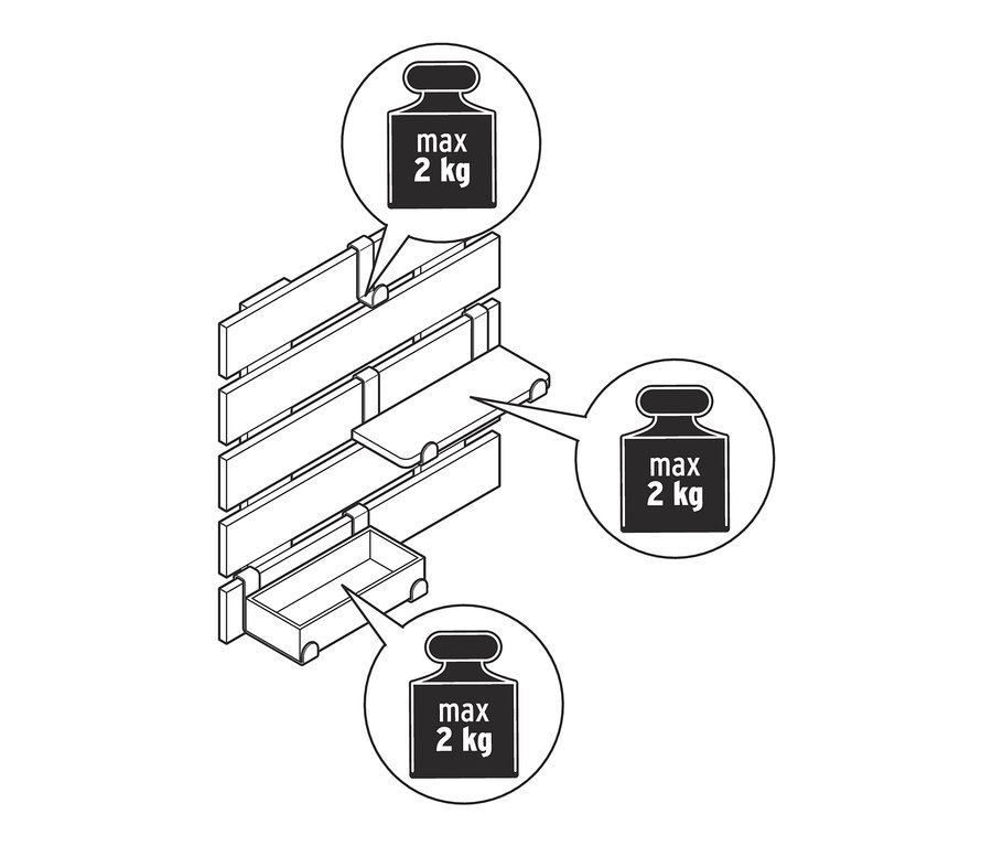 Ilustrace nástěnného regálu s flexibilními háčky a policí a s maximální nosností 2 kg.