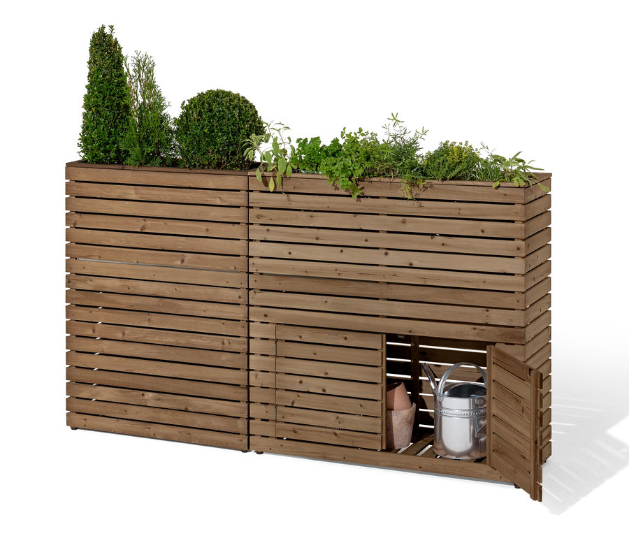 Prvek pro rozdělení prostoru s truhlíkem »Tinus« a úložnou skříňkou s rostlinami a konví.