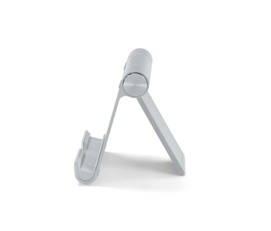 Šedý stojan na smartphone a tablet na bílém pozadí.