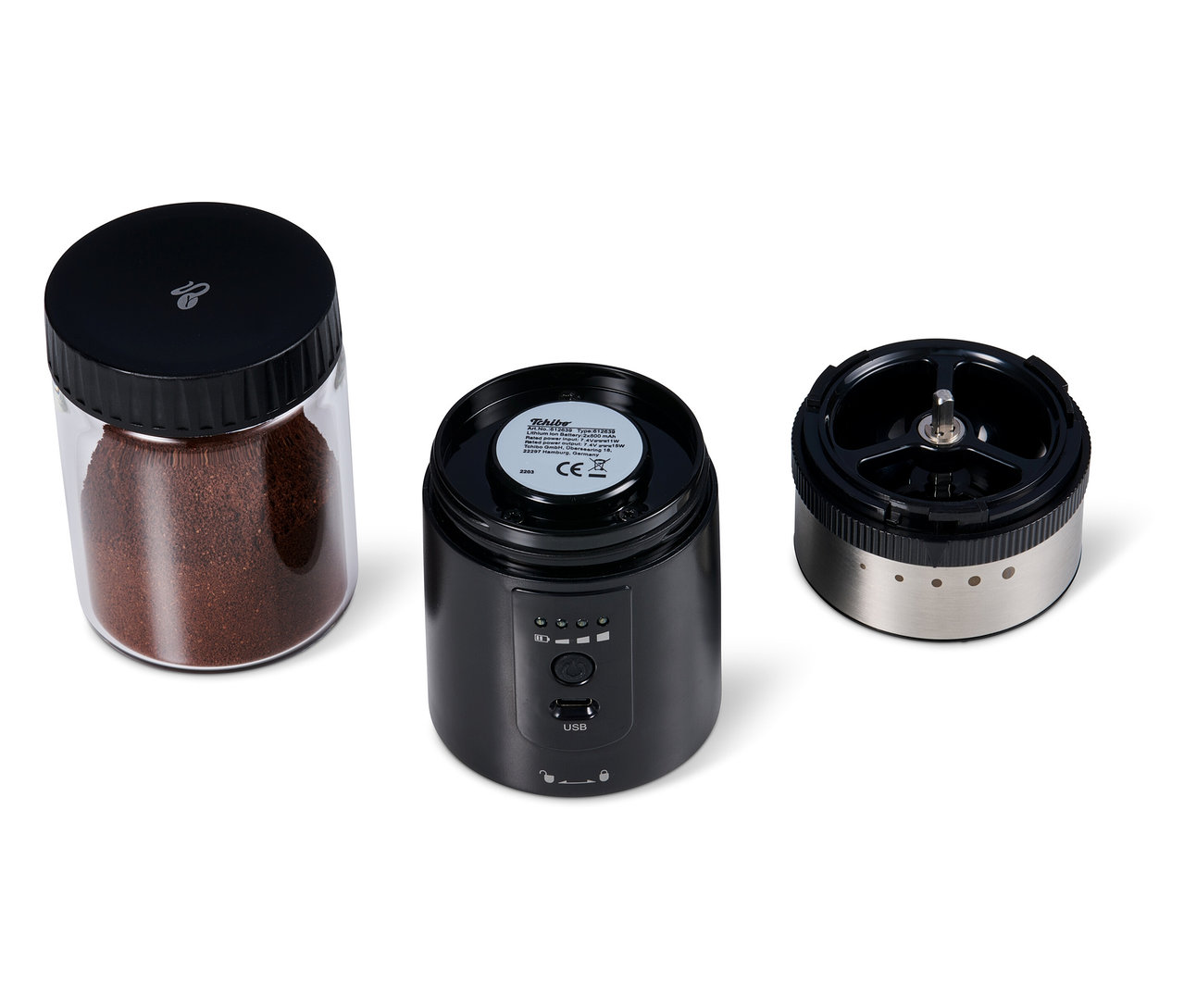 Rozložený akumulátorový mlýnek na kávu.