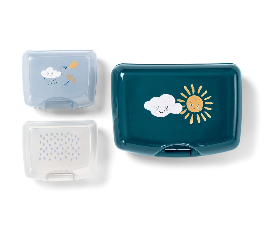 Tři dózy na svačinu s motivy deště.