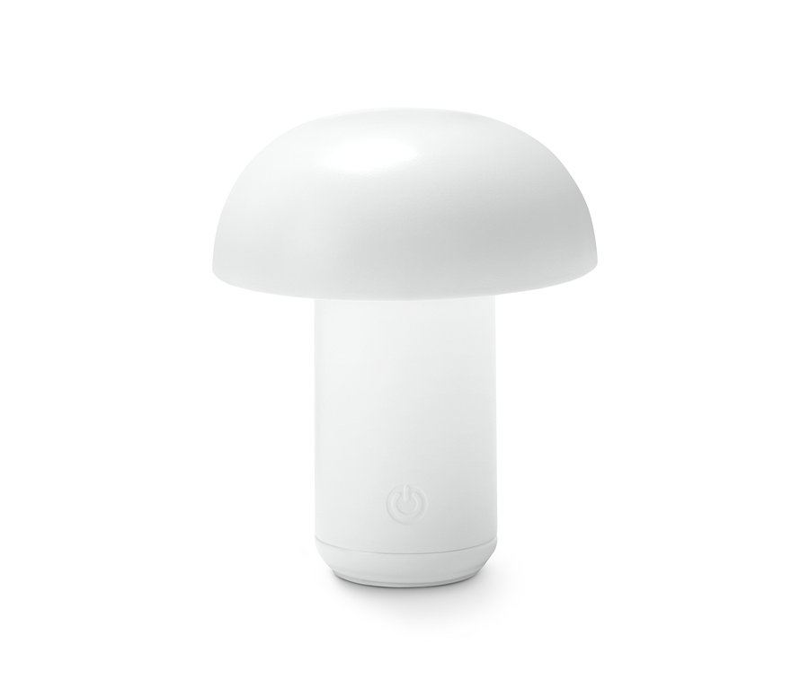 Bílá akumulátorová stolní LED lampa ve tvaru houby.