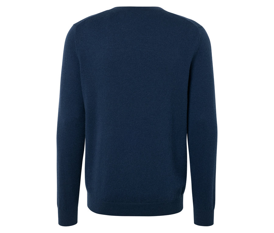 Zadní pohled na tmavě modrý svetr s dlouhým rukávem.