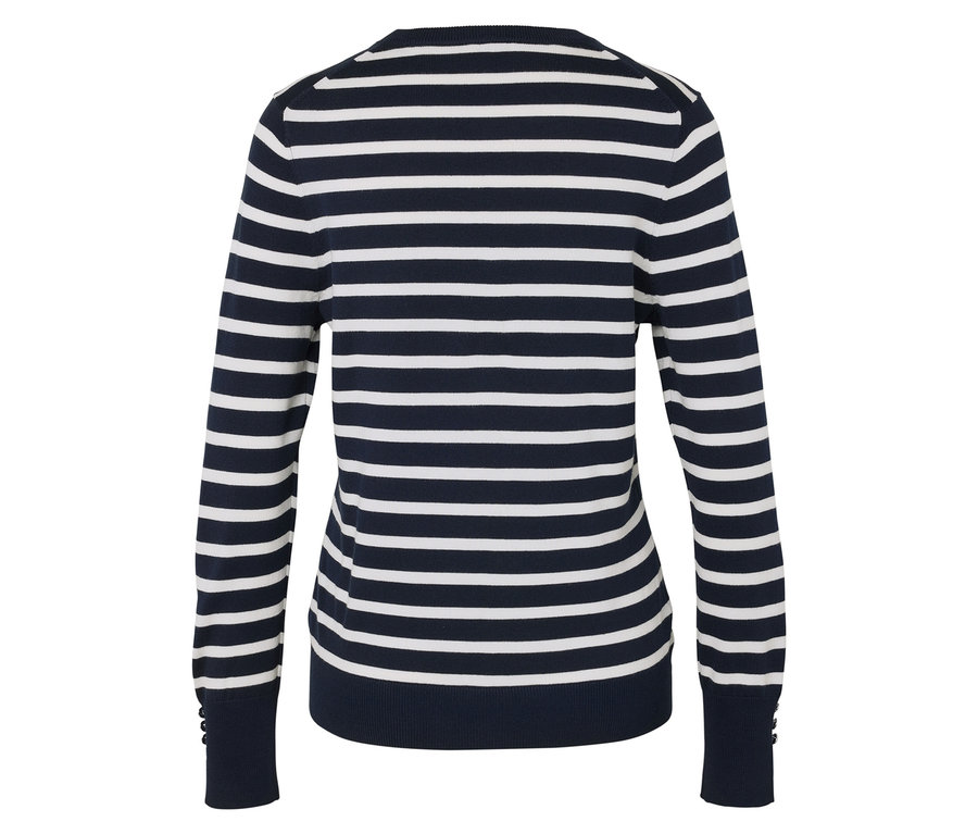 Zadní pohled na pruhovaný svetr s dlouhým rukávem v tmavě modré a bílé barvě.