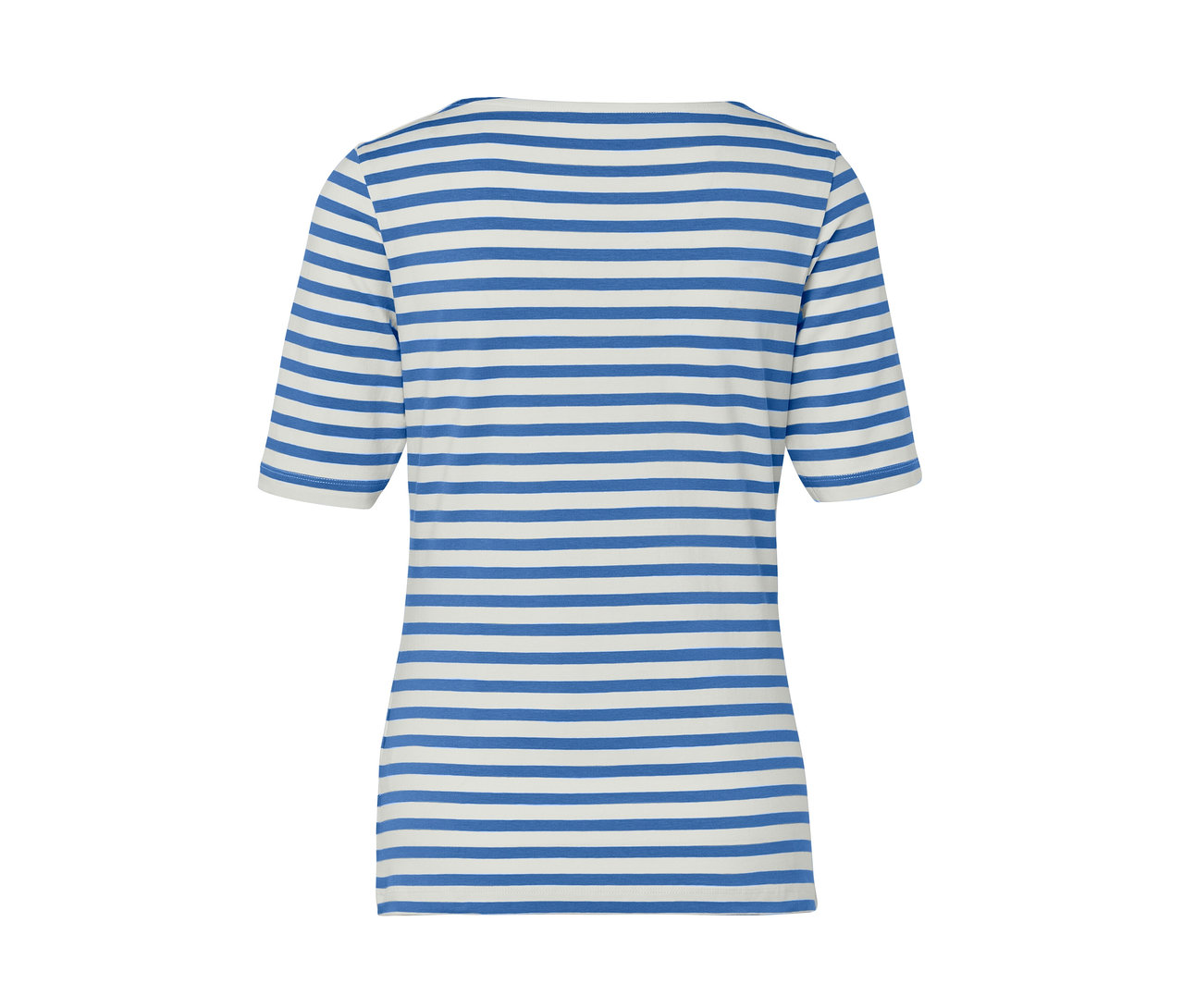 Pohled zezadu na triko s polodlouhým rukávem s modrými proužky.