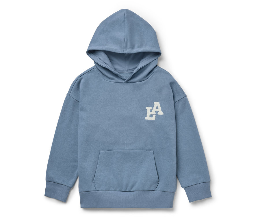 Modrá mikina s kapucí a bílým logem LA na hrudi.
