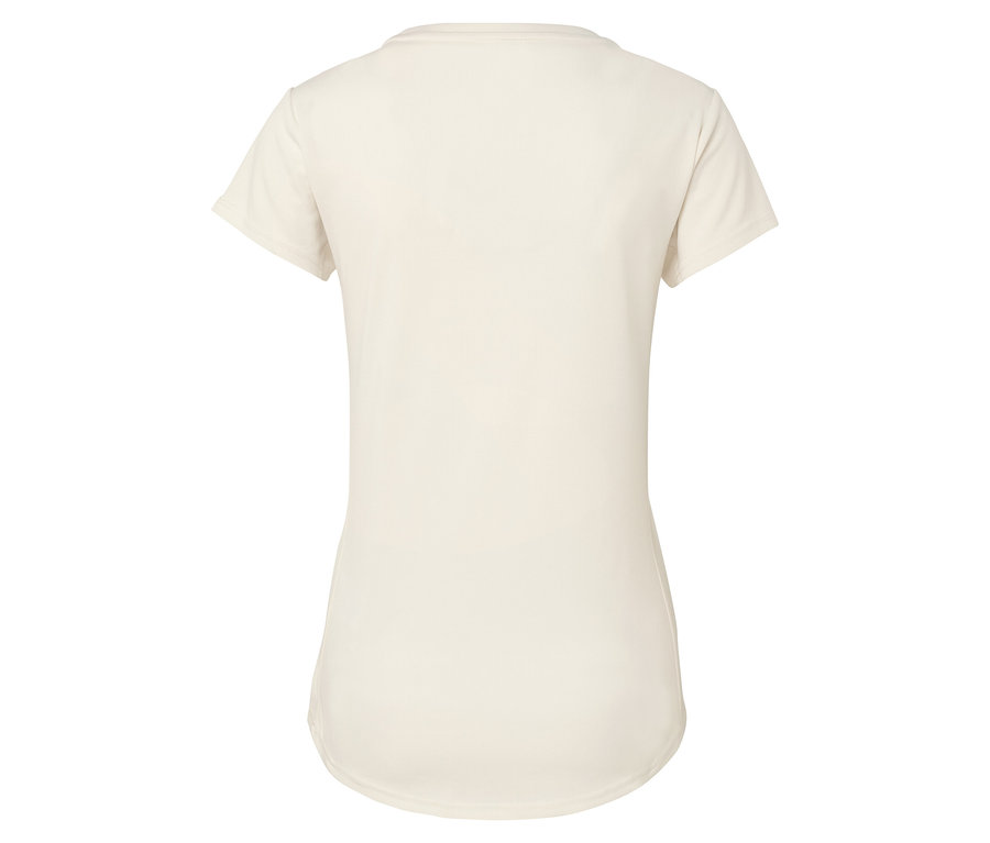 Zadní pohled na krémové tričko s krátkým rukávem.