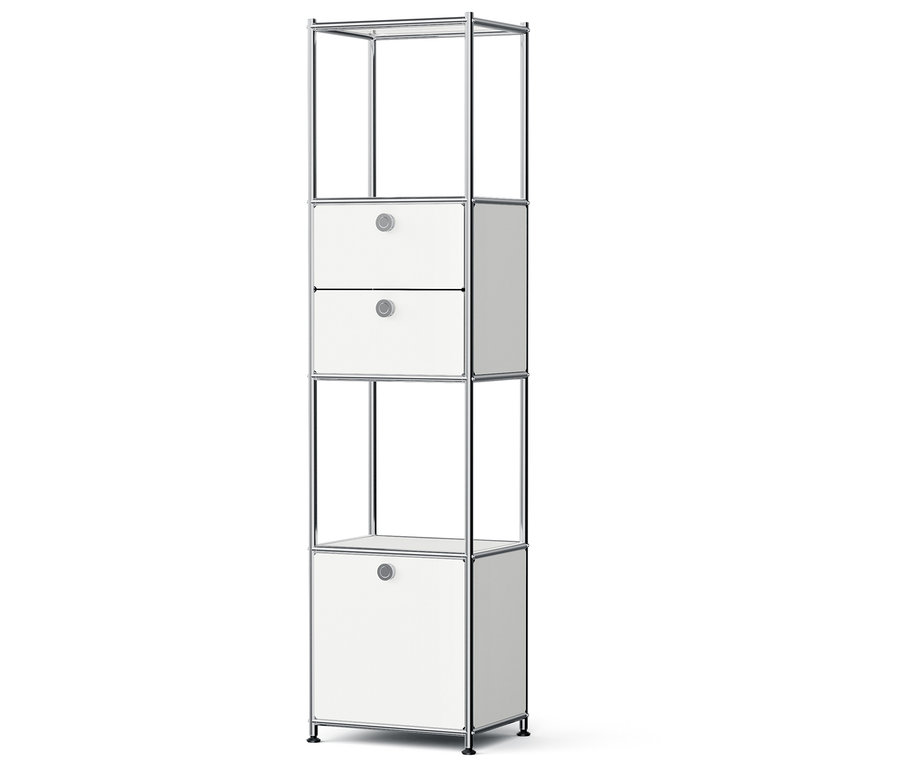 Bílý úložný regál se dvěma zásuvkami a otevřenou policí.