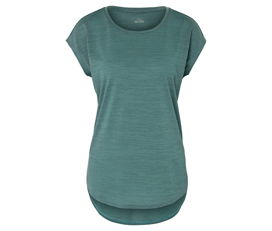 Tyrkysové sportovní tričko s krátkými rukávy a zaobleným lemem.