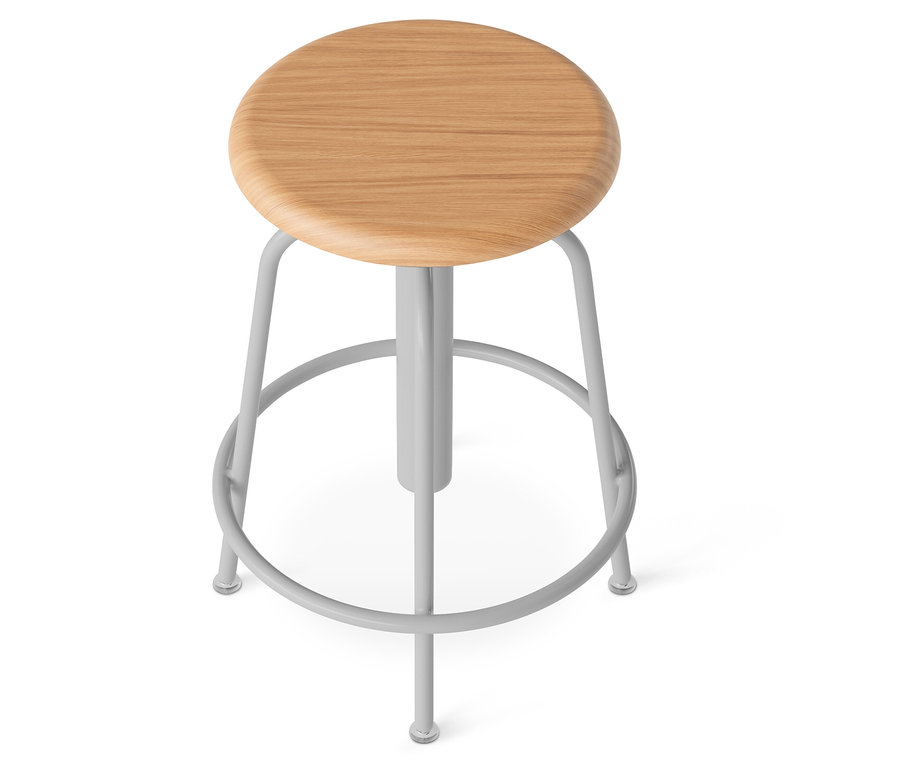 Zobrazení světle hnědé barové stoličky s šedým rámem na bílém pozadí.