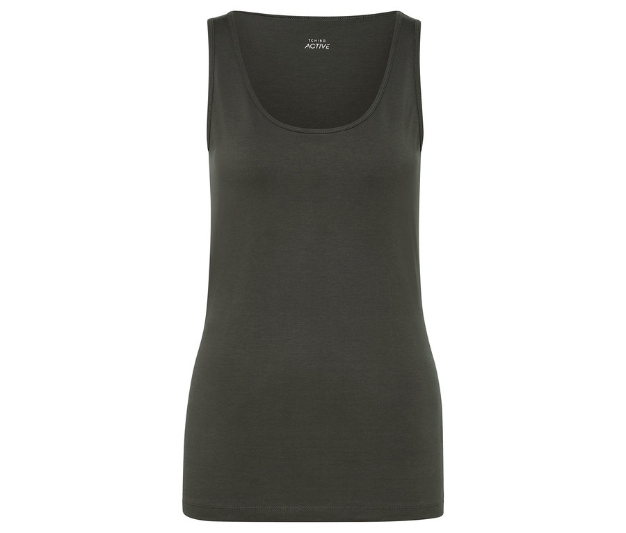 Zelený top bez rukávů na bílém pozadí.