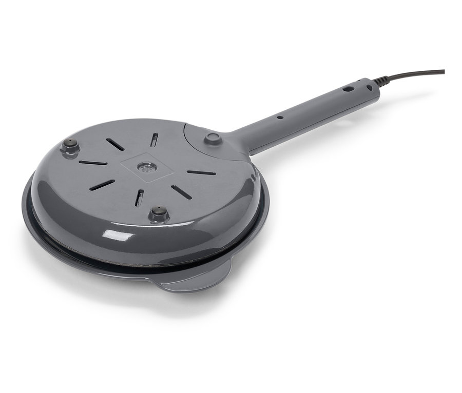 Šedý elektrický vařič na palačinky s nepřilnavým povrchem a kabelem.