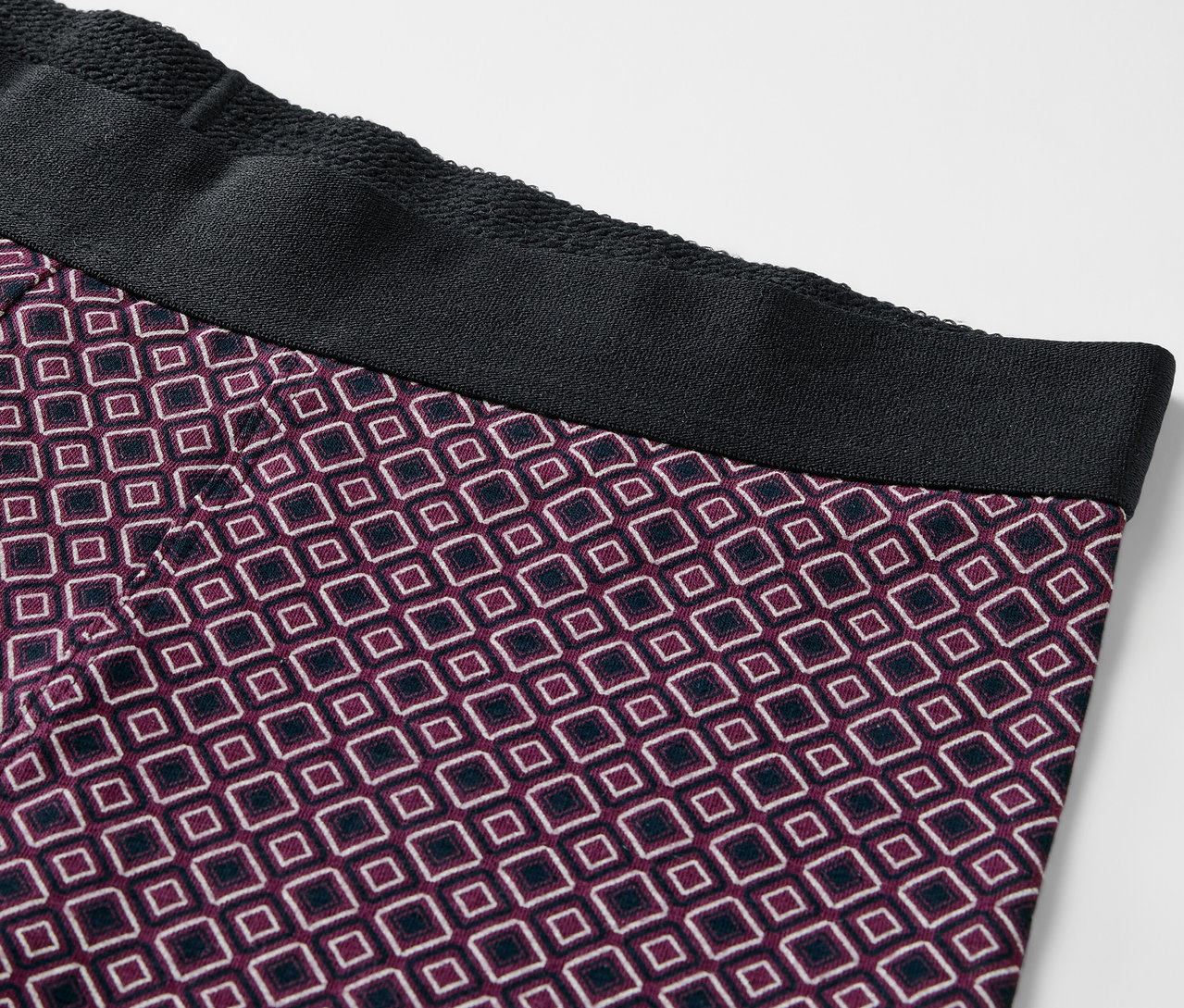 Detail bordó pánských boxerek, 4 ks, s geometrickým vzorem.