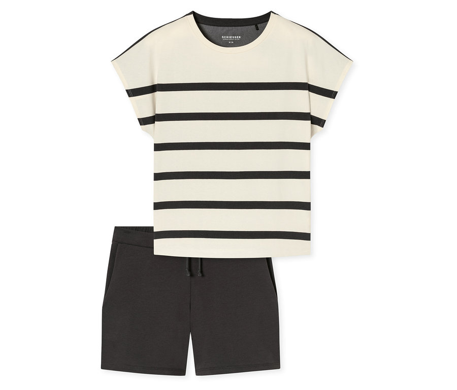 Krátká pyžamová souprava SCHIESSER, skládající se z krémového trička s černými vodorovnými pruhy a tmavě šedých šortek se stahovací šňůrkou, položená naplocho.