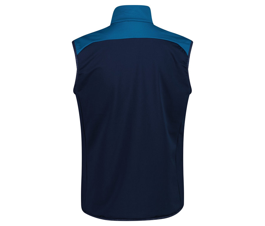 Pohled zezadu na tmavě modrou vestu bez rukávů s modrým límcem.