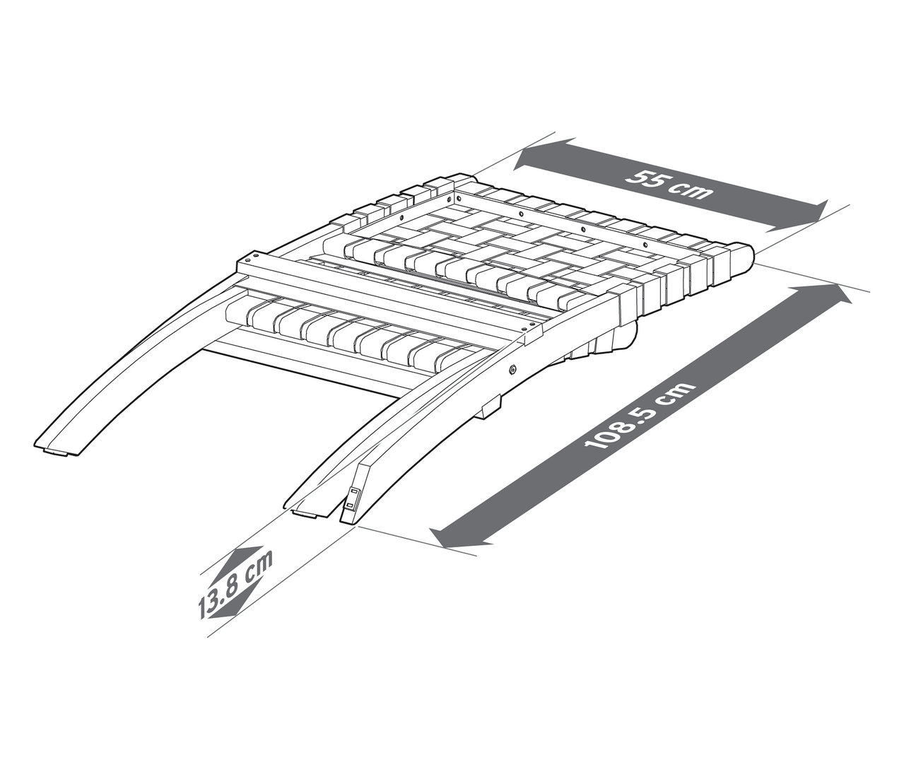 Pohled shora na náčrt lehátka o rozměrech 55 cm, 108,5 cm a 13,8 cm.