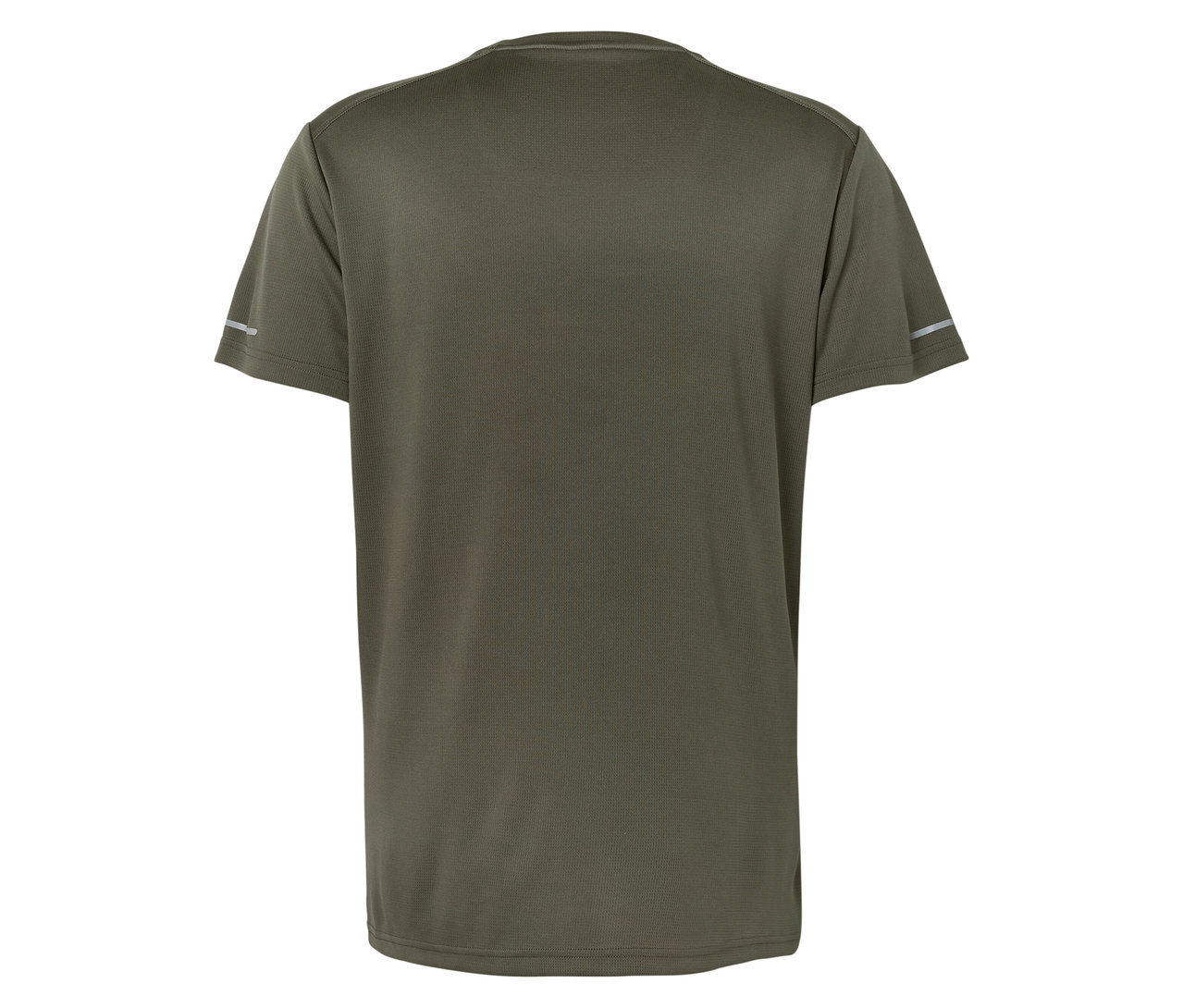 Detailní záběr na zadní stranu olivově zeleného trička s krátkými rukávy a reflexními pruhy.