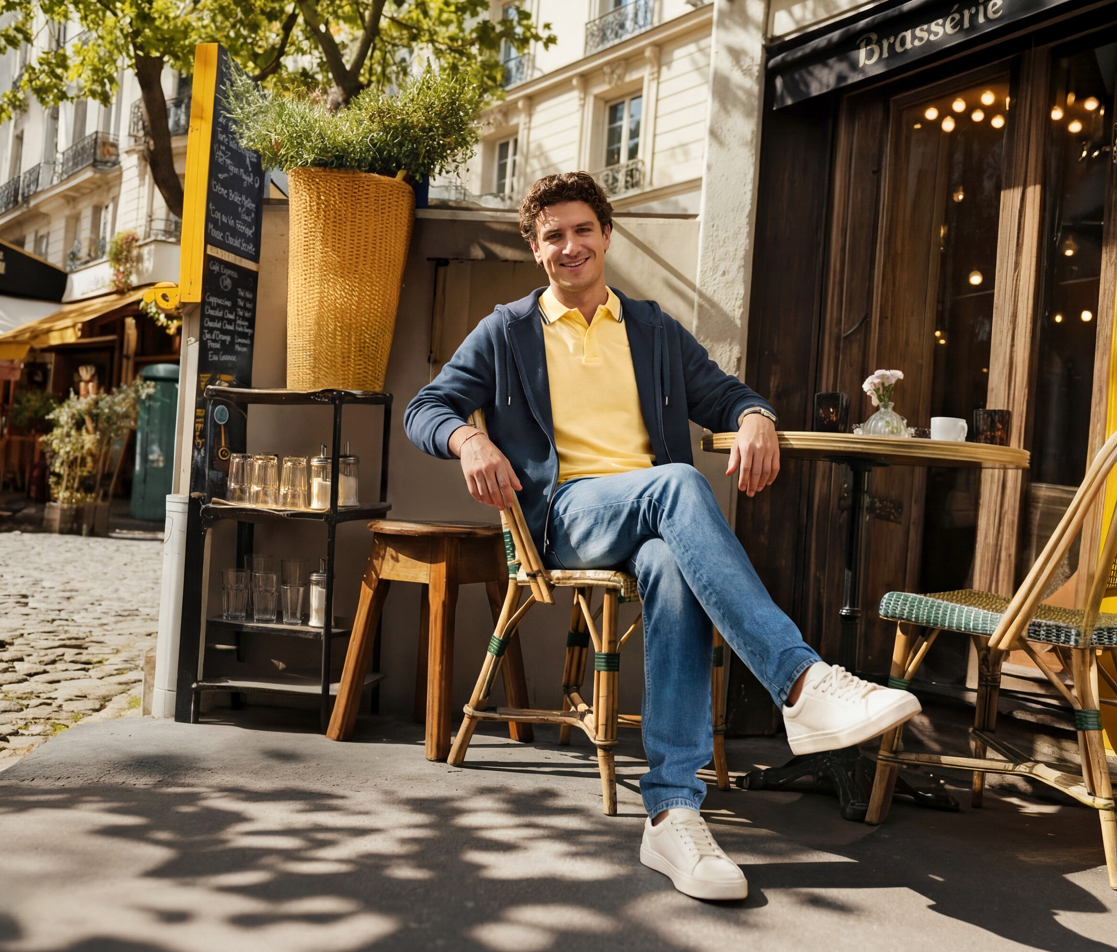 Muž sedí před kavárnou a má na sobě džíny, žluté polotričko z piké a tmavě modrou mikinu s kapucí.