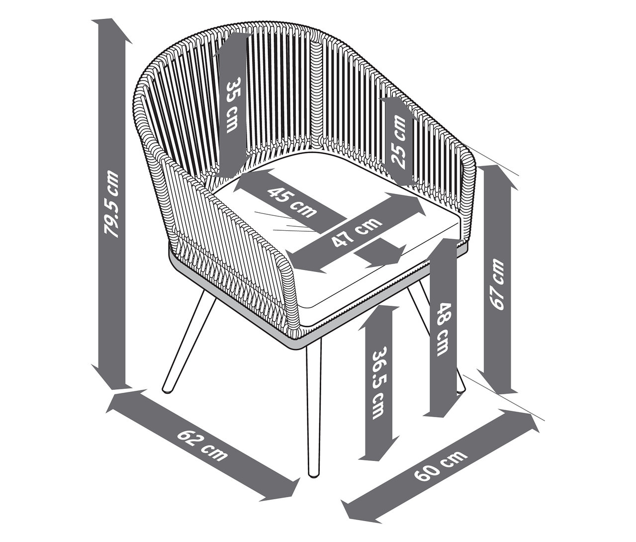 Ilustrace otočné zahradní židle s textilním výpletem a rozměry.