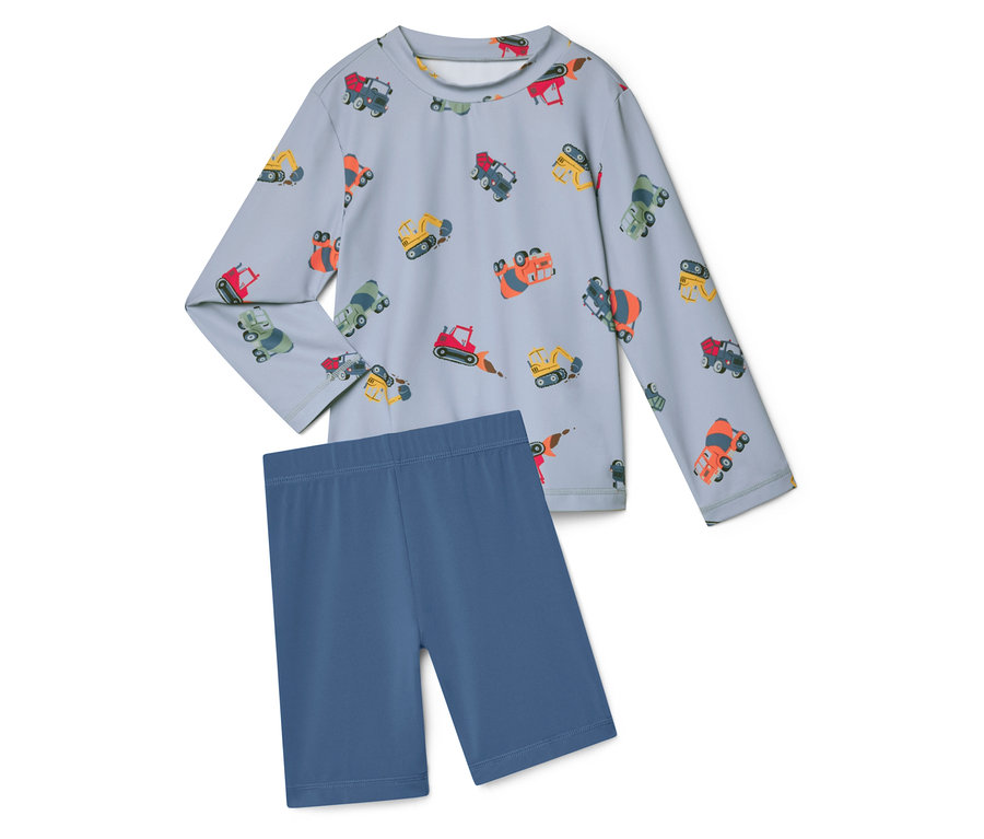 Světle modrý top s dlouhým rukávem s potiskem bagru a k němu ladící krátké modré legíny.