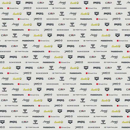 Opakující se vzor různých log značek, včetně Arena, Angels, CMP, Hummel, Sloggi, Lurchi, Passionata, Street One, Jako-o, Schiesser a Tom Tailor.