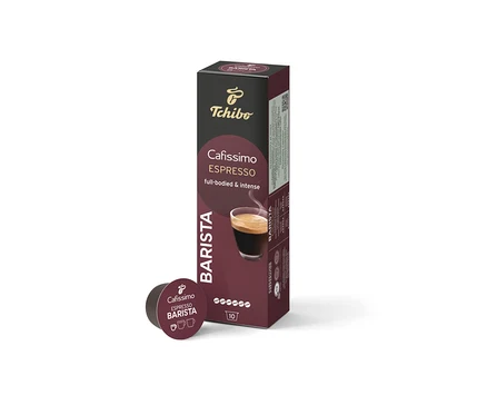 Balení 10 kapslí Cafissimo BARISTA Espresso a jedna kapsle vedle balení.
