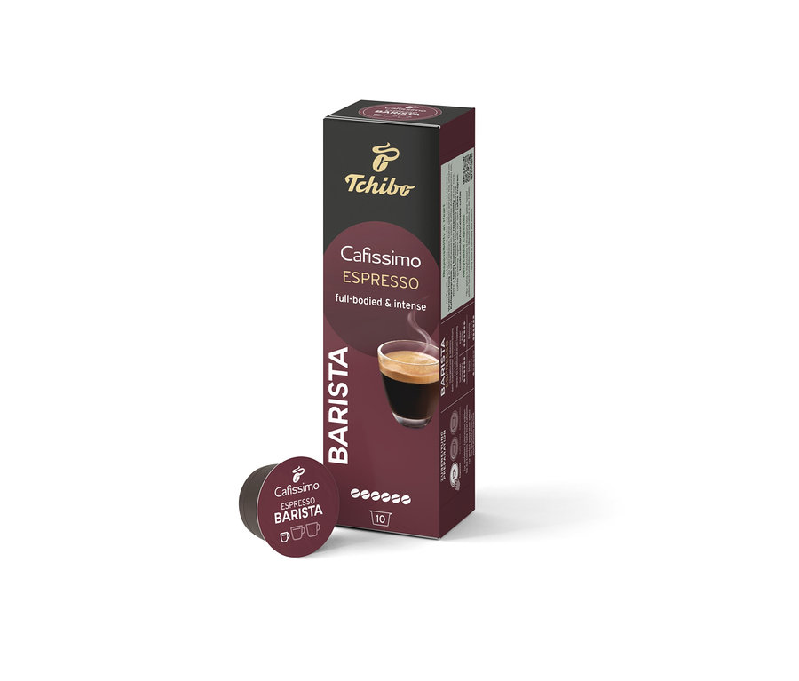 Balení 10 kapslí Cafissimo BARISTA Espresso a jedna kapsle vedle balení.