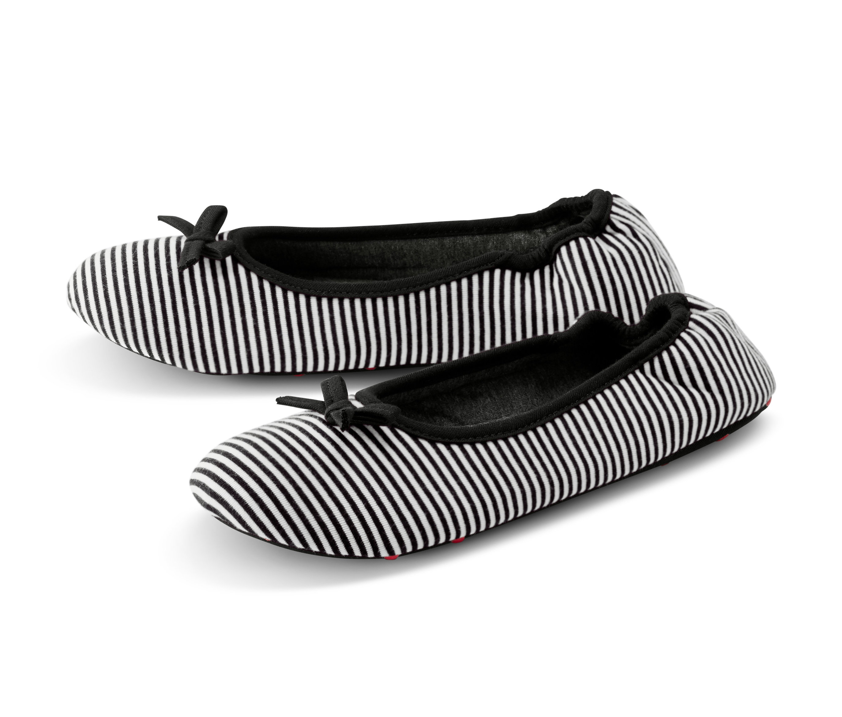 Dvoje domácí baleríny s černými a bílými pruhy a černou mašlí.