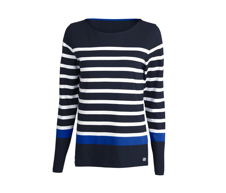 Proužkované triko s dlouhým rukávem v modré a bílé barvě.