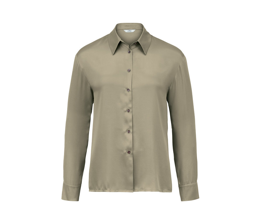 Khaki košilová halenka s dlouhými rukávy a knoflíky.