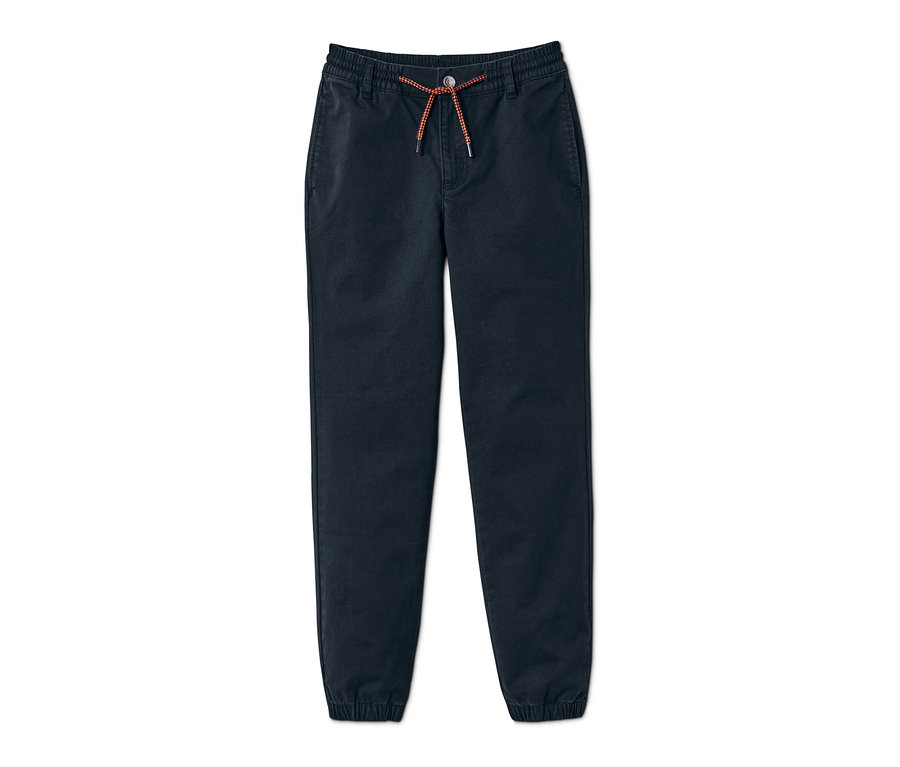 Tmavě modré chino kalhoty v joggingovém stylu s oranžovou stahovací šňůrkou.