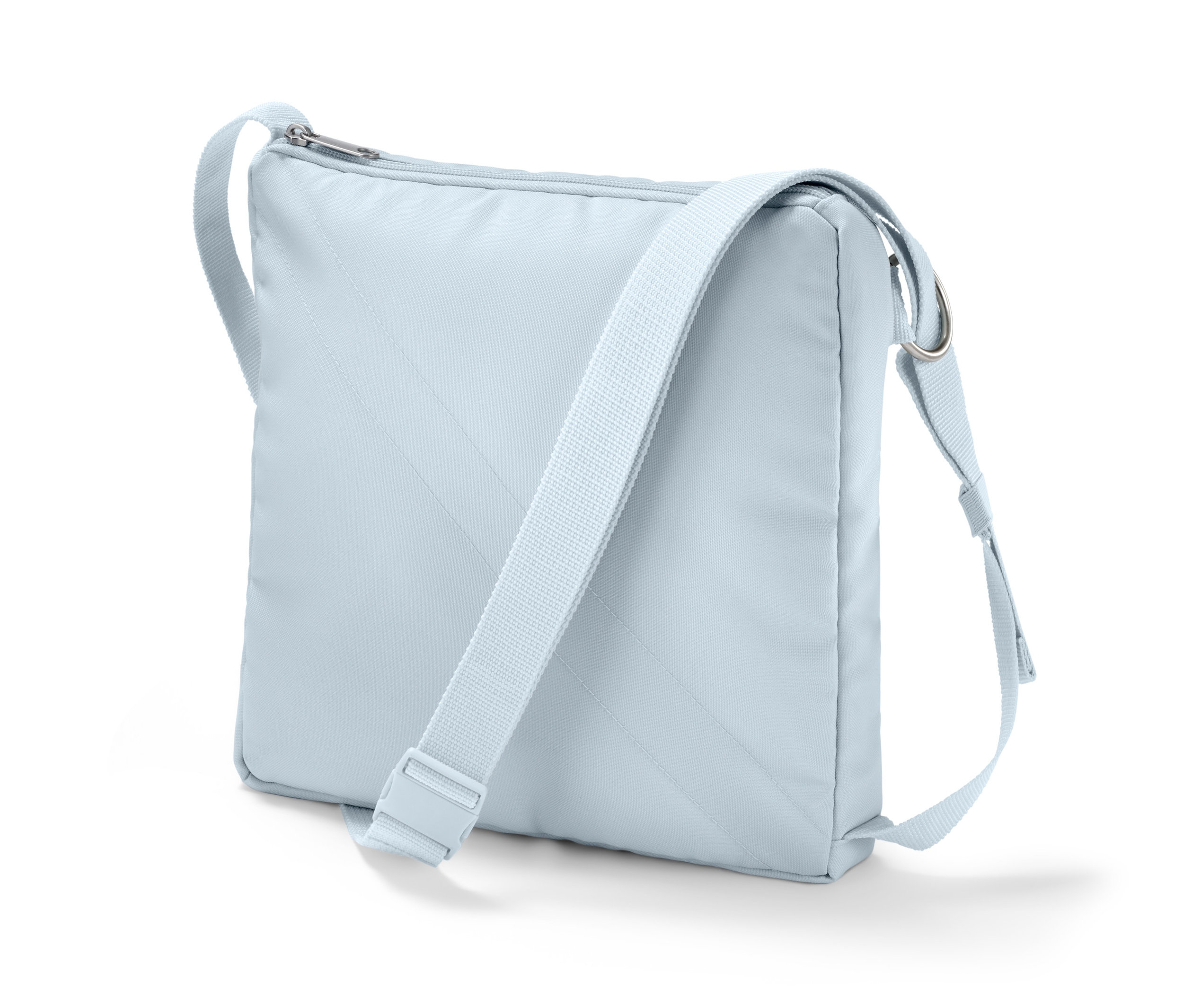 Světle modrá taška přes rameno 2 v 1 se stříbrným zipem.