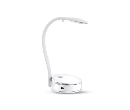 Bílá LED lampička na čtení se zakřiveným ramenem a kulatou základnou.