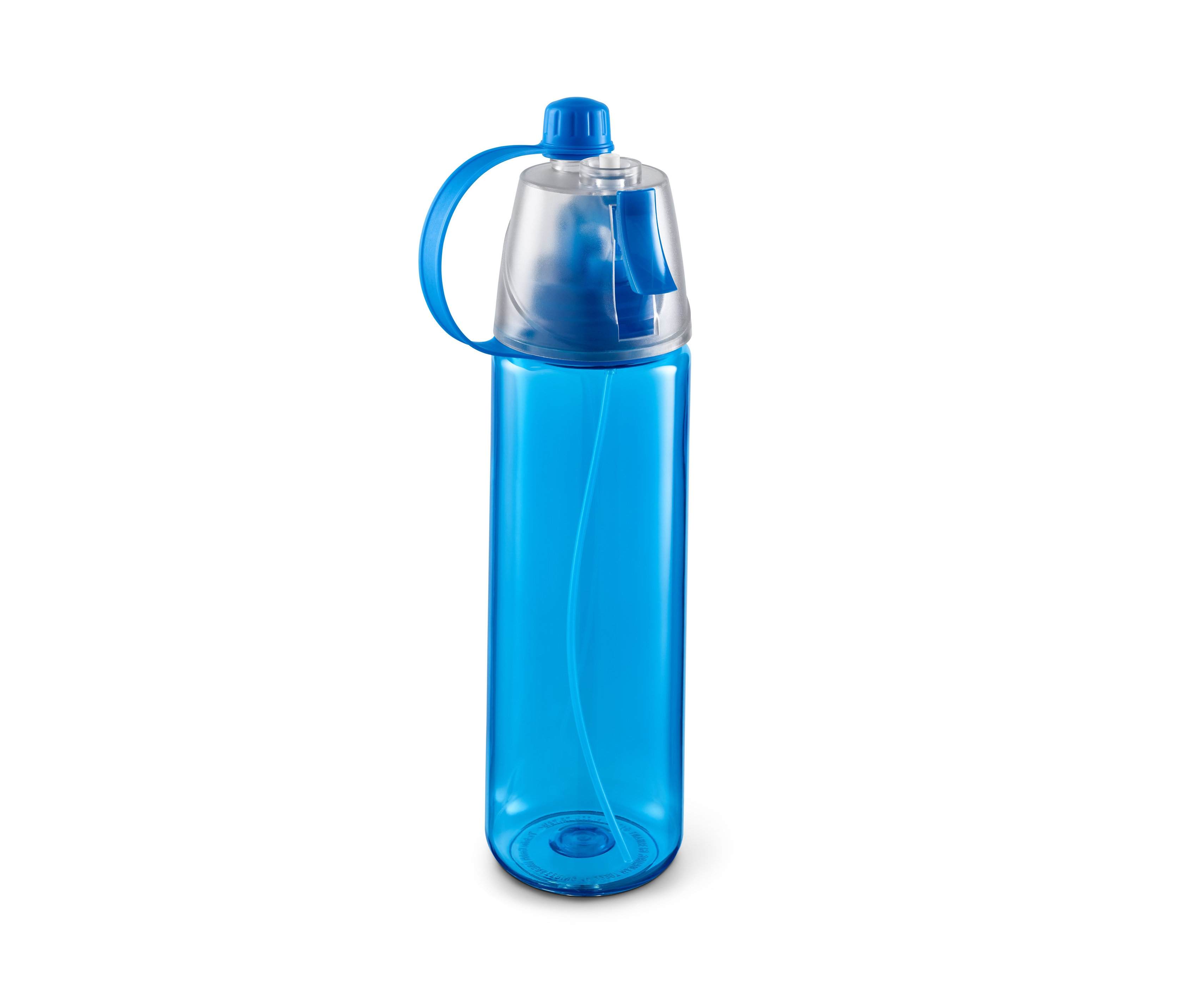 Modrá láhev na pití s funkcí postřikování.