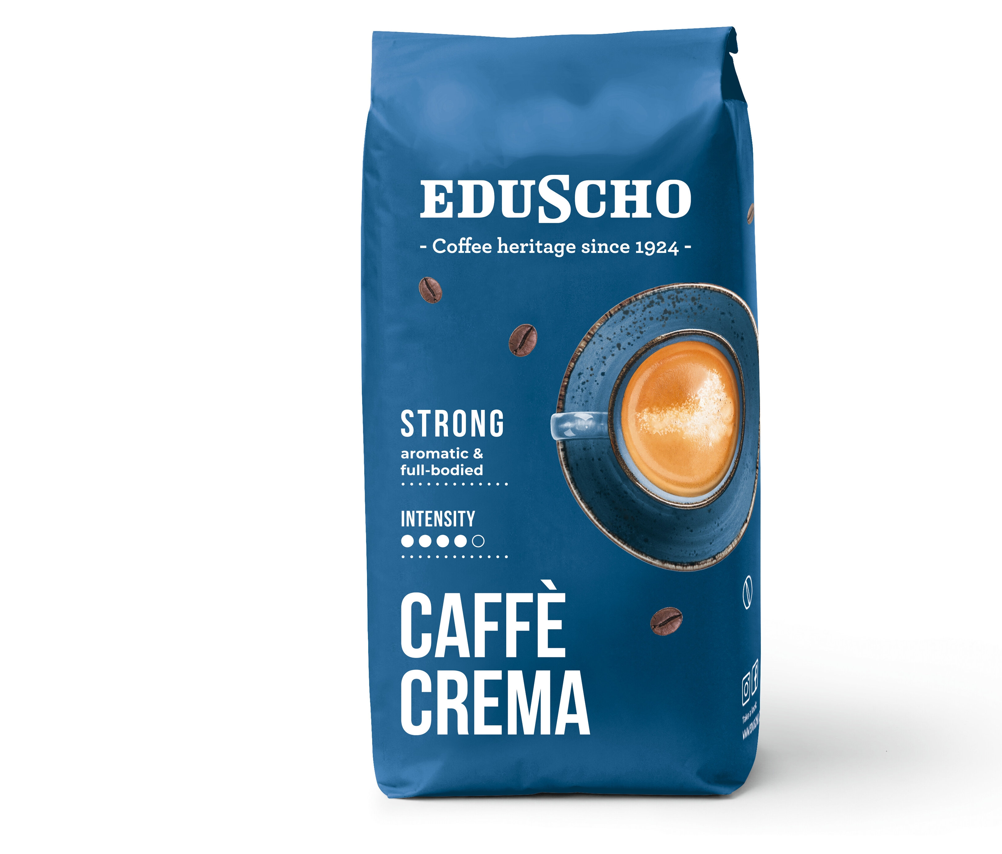 Modré balení zrnkové kávy Eduscho Caffè Crema Strong 1 kg.