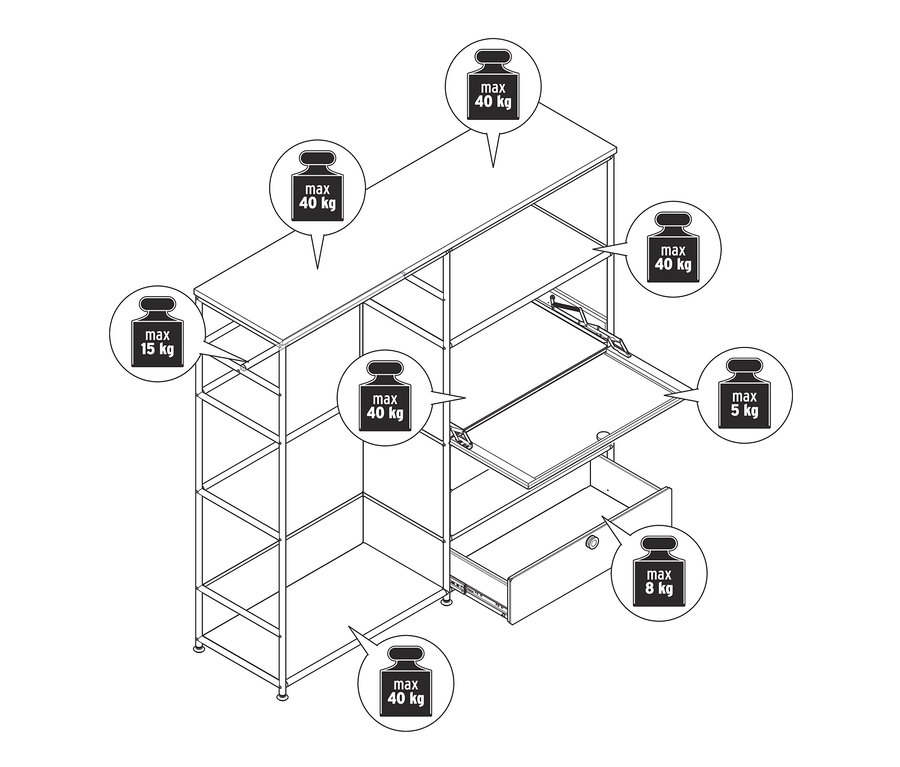 Nákres bílé kovové skříně »CN3« s dřevěnou deskou, 1 šatní tyčí, 1 výklopnými dvířky a 3 zásuvkami.