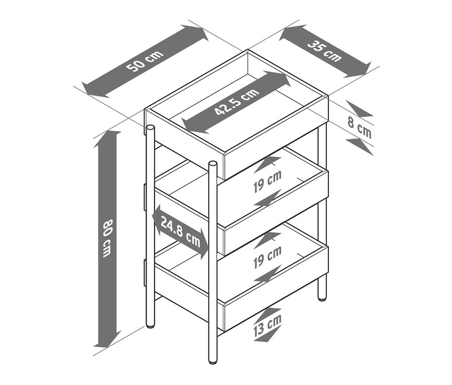 Náčrt stojacího regálu se 3 přihrádkami zobrazuje rozměry.