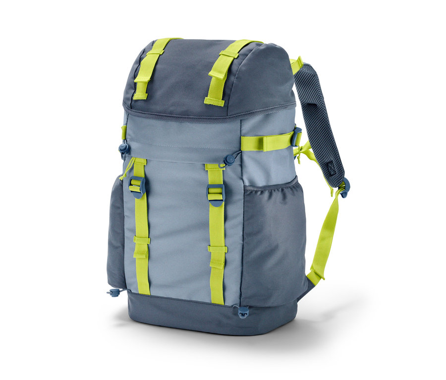 Šedo-modrý outdoorový batoh s limetkově zelenými popruhy.