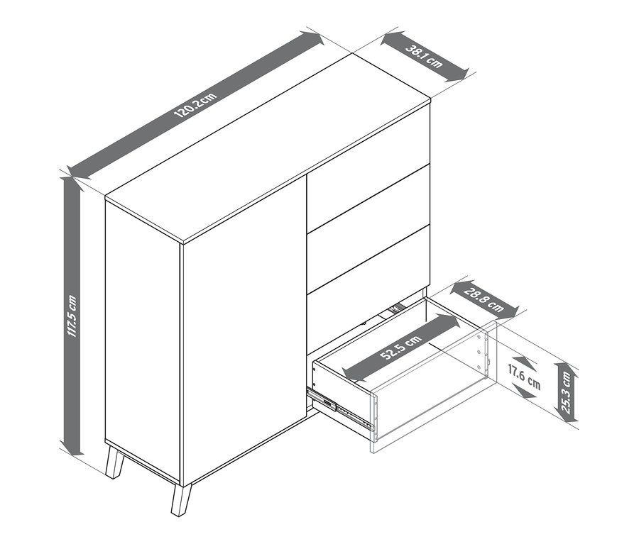 Nákres komody s otevřeným šuplíkem a vyznačenými rozměry.