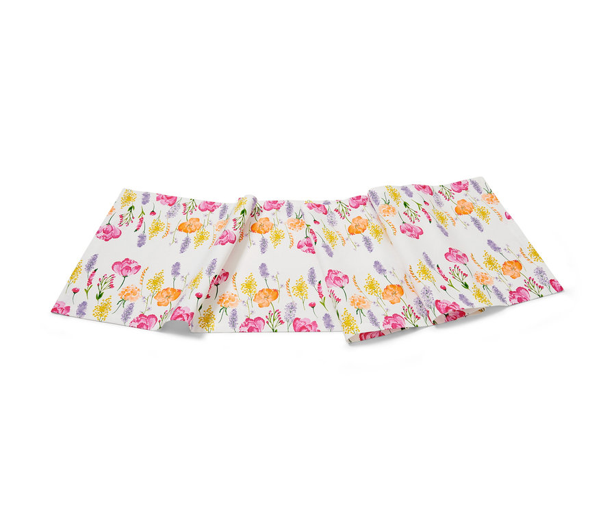 Běhoun na stůl, bílý s květinovým potiskem.