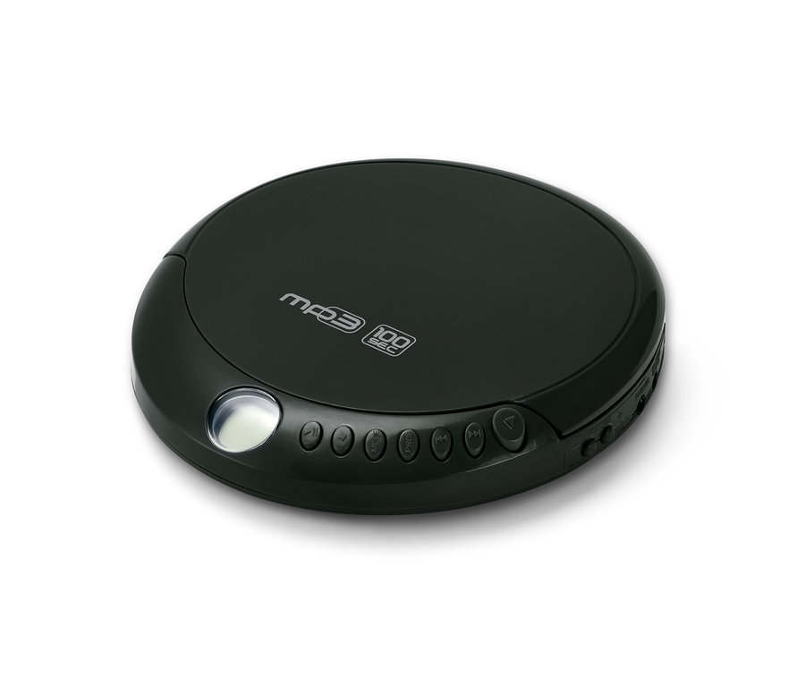 Černý přenosný CD přehrávač.