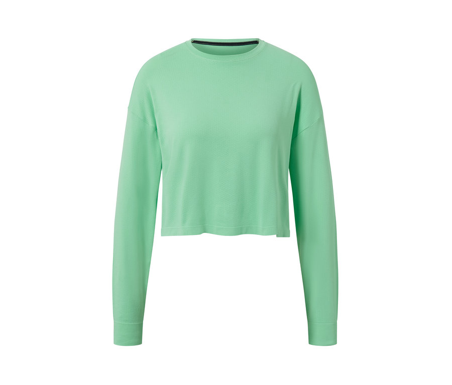 Světle zelené bezešvé funkční triko s dlouhými rukávy na bílém pozadí.